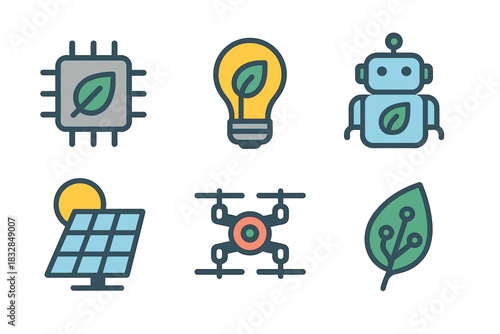 Innovative eco-friendly technology icons: ai, robotics, solar power, green energy