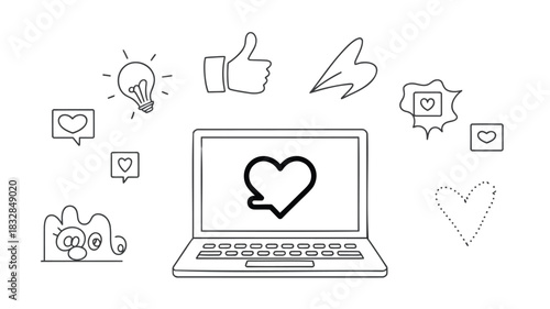 Digital communication and online engagement concept with a laptop displaying a heart icon surrounded by social media symbols like likes and ideas