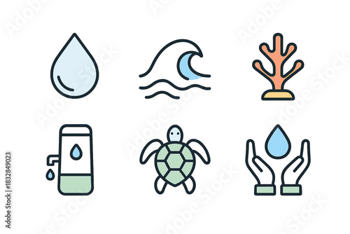 Water conservation symbols: wave, drop, coral, turtle, faucet, hands icon set