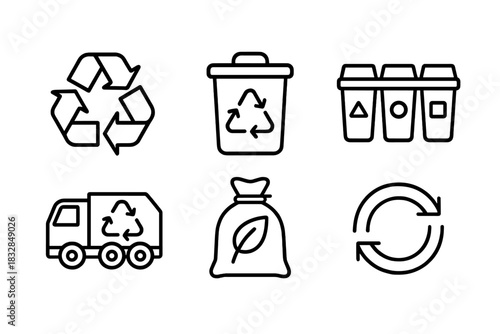 Recycling symbols and waste management icons on gray background