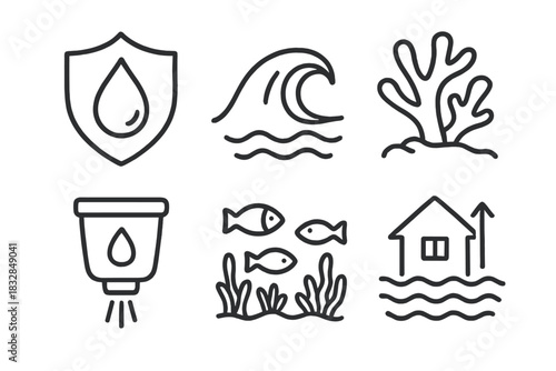 Water conservation and ocean life icon set