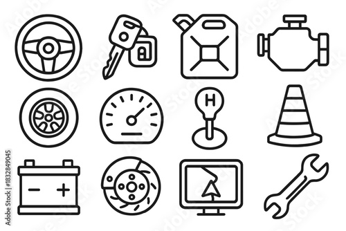 Automotive icons: steering wheel, keys, oil can, engine, battery, speedometer, gear shift, traffic cone, brake disc, wrench