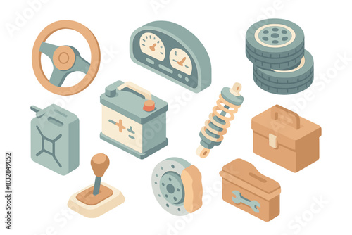 Automotive parts collection: battery, tires, tools, and more