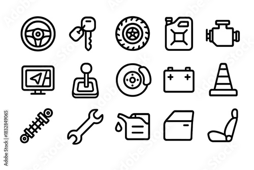 Car maintenance icons set: steering wheel, engine, tire, battery, and more tools