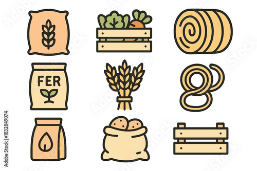 Agricultural icons: vegetables, grain, hay, and fertilizer in cartoon style