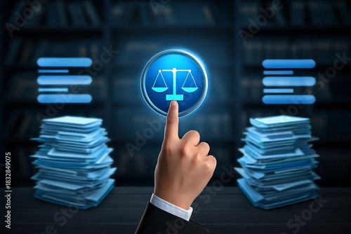 Hand pressing justice scales icon representing digital legal concept.