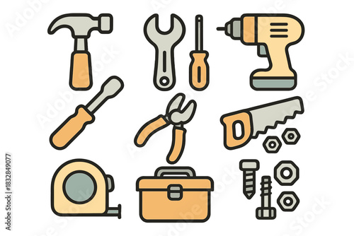 Illustrated hand tools set including hammer, wrench, drill, and saw