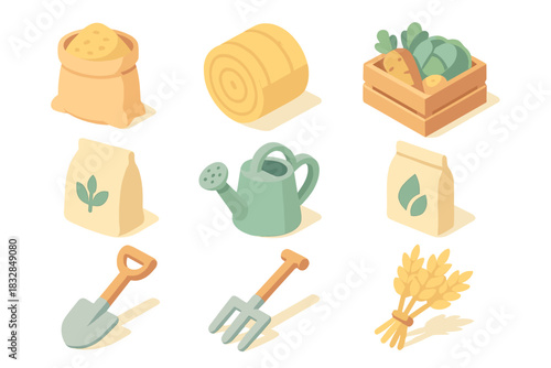Isometric garden tools and harvest icons with food supplies