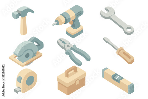 Collection of isometric construction tools in soft glow effect