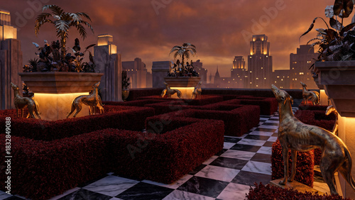 A luxurious rooftop garden maze at sunset with an Art Deco city skyline. Checkered floor, golden statues, and warm lights create a mysterious, elegant scene.