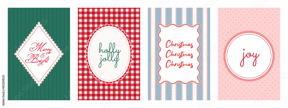 Naklejka premium Christmas frames with festive text on seamless pattern background. Retro wavy scalloped frame set. Holiday postcard templates for xmas. Checkered and striped backdrop. Vector illustration