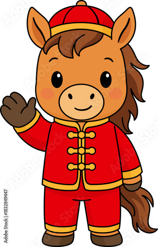Cute cartoon horse wearing traditional Chinese outfit giving new year greeting