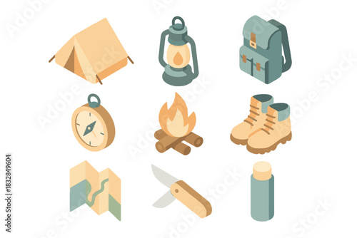 Essential camping gear icons including tent, lantern, backpack, compass, campfire, boots, map, knife, and thermos