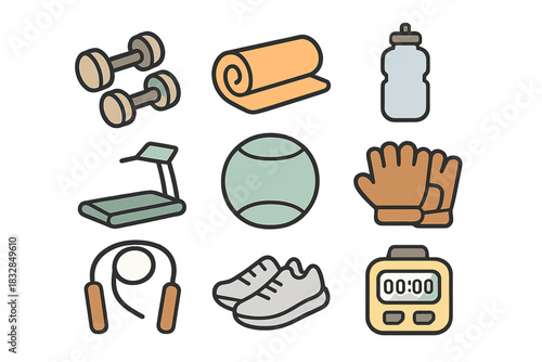 Fitness equipment icons: dumbbells, yoga mat, water bottle, treadmill, ball, gloves, jump rope, sneakers, stopwatch
