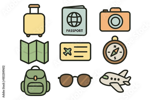 Travel essentials icons set with suitcase, passport, camera, and airplane