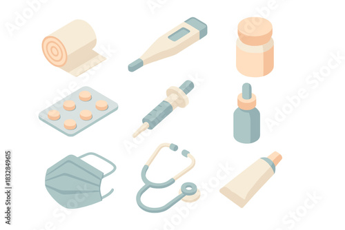 Medical supplies: thermometer, pills, syringe, mask, stethoscope, cream, bandage, medicine, bottle