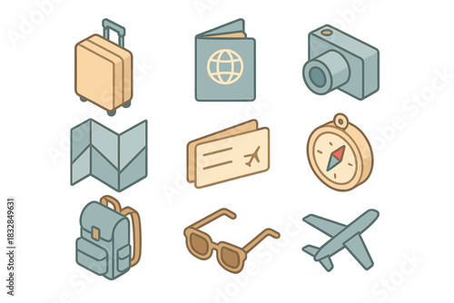 Vintage travel icons: luggage, passport, camera, map, tickets, compass, backpack, sunglasses, airplane