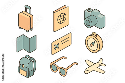 Stylized travel icons featuring luggage, passport, camera, map, ticket, compass, backpack, sunglasses, airplane