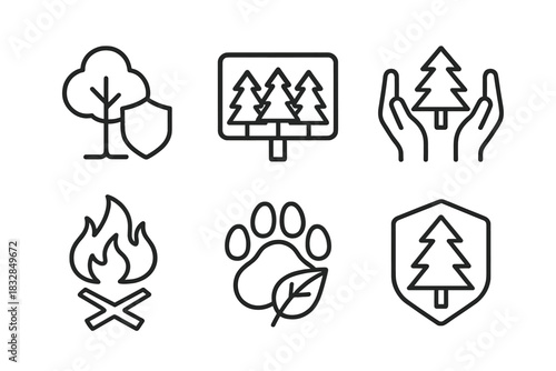 Nature conservation icons: trees, wildlife, fire safety, protection symbols