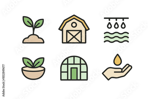 Sustainable farming icons: plant, barn, irrigation, growth, greenhouse, water conservation