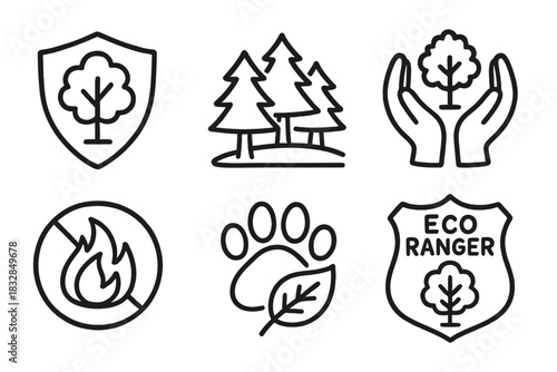 Nature conservation icons: trees, wildlife, fire safety, eco ranger