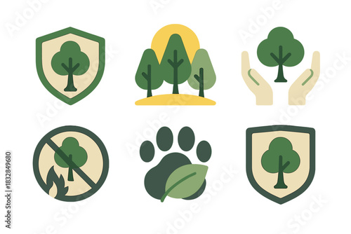 Nature conservation symbols: trees, protection, sustainability, wildlife, fire prevention