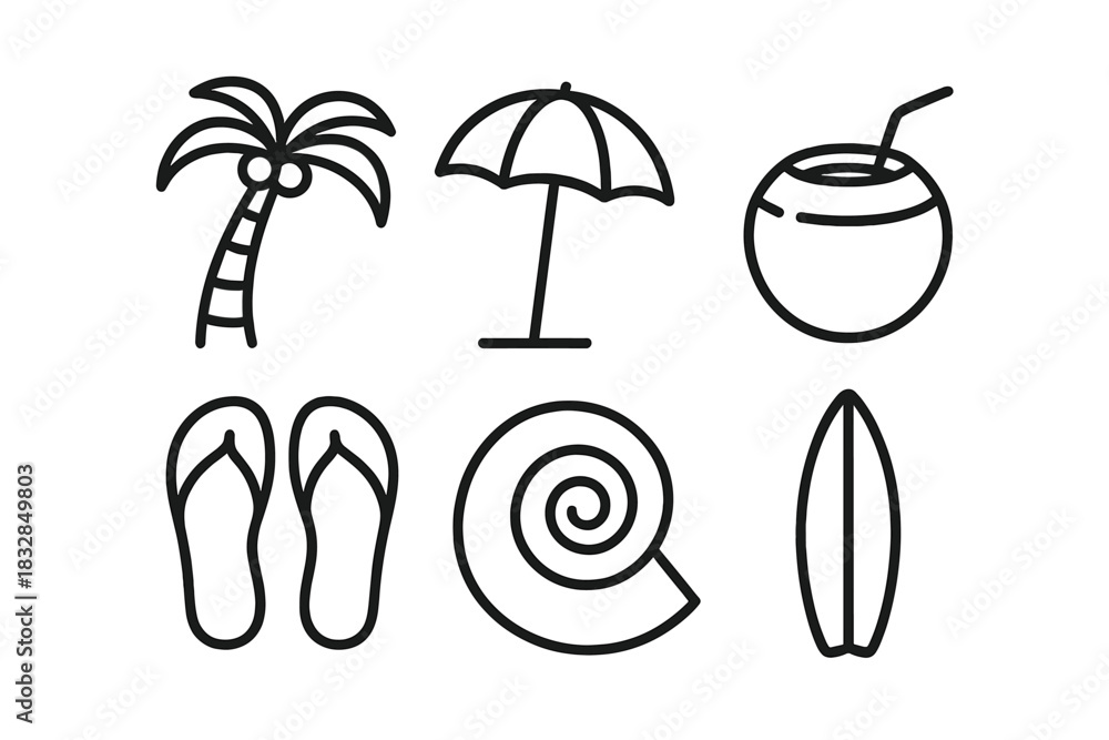 Fototapeta premium Black outline icons: palm tree, umbrella, coconut drink, flip flops, shell, surfboard