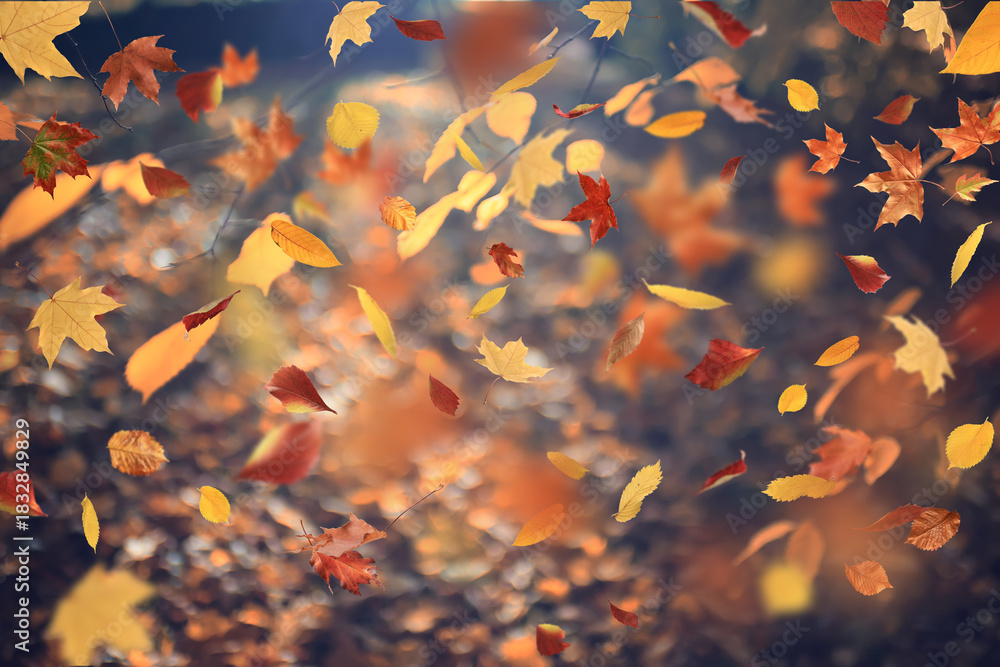 Naklejka premium leaf fall, falling flying autumn yellow leaves, autumn background, autumn landscape
