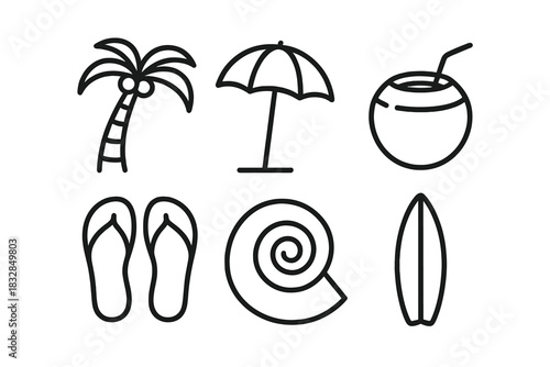 Black outline icons: palm tree, umbrella, coconut drink, flip flops, shell, surfboard
