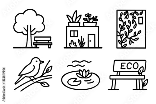 Simple black line icons: nature, urban gardens, and eco themes