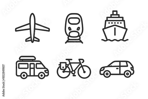Icons of various transportation modes: airplane, train, ship, van, bicycle, car