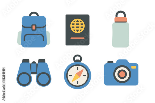Travel essentials icon set featuring backpack passport camera binoculars compass bottle