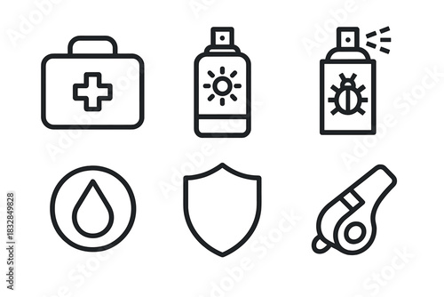 Camping essentials: first aid, insect repellent, water, sunscreen, protection icons