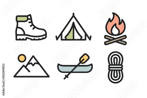 Outdoor adventure icons: boot, tent, campfire, mountains, canoe, rope