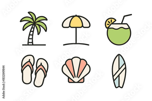 Colorful beach icons: palm, umbrella, drink, flip-flops, shell, surfboard