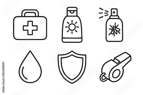 Essential safety icons: first aid, sunscreen, insect repellent, water, shield, whistle