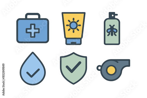 Camping essentials icons: first aid, sunblock, insect spray, water, safety shield, whistle