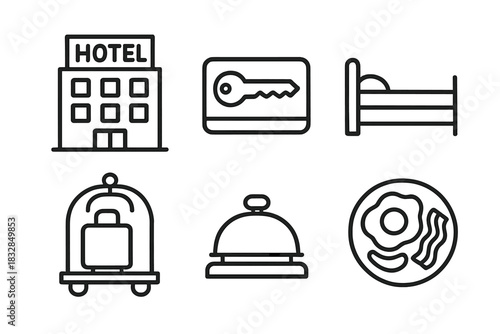 Hotel icon set: building, key, bed, luggage, bell, breakfast symbols