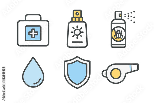 Essential outdoor survival icons: first aid, insect spray, hydration, protection