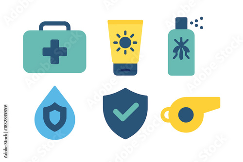 Healthcare and safety icons: first aid, sunscreen, insect repellent, water, shield, whistle