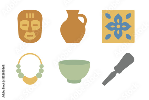 Cultural symbols: geometric designs and artifacts with ethnic patterns