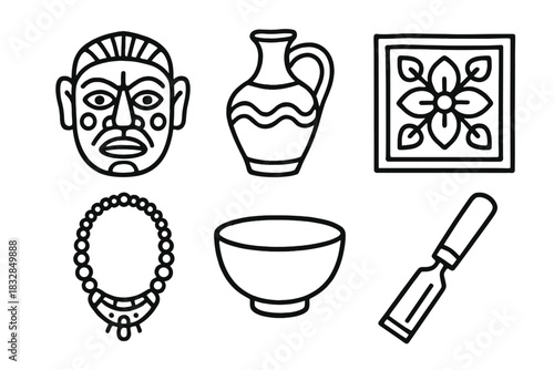 Ancient artifact icons: mask, vase, tile, necklace, bowl, tool on textured background