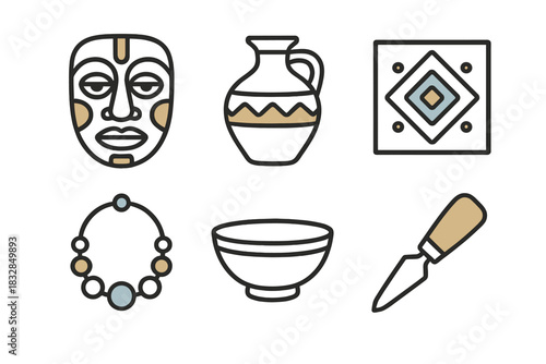 Ancient artifacts: masks, pottery, jewelry, bowl, tools on tribal background