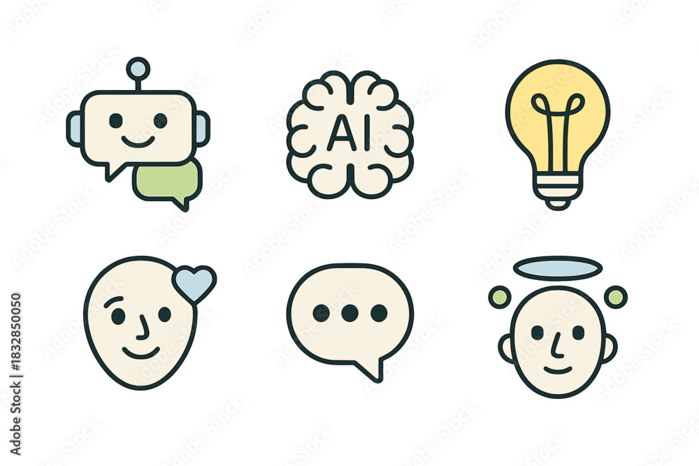 Obraz premium Artificial intelligence icons: robot, brain, lightbulb, speech bubbles, faces