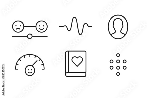 Minimalist black linear icons: emotions, pulse, profile, gauge, heart journal, dots