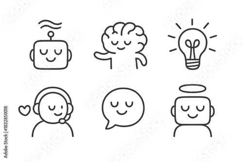 Minimalistic icons: robot, brain, lightbulb, chat, customer support with heart, halo figure