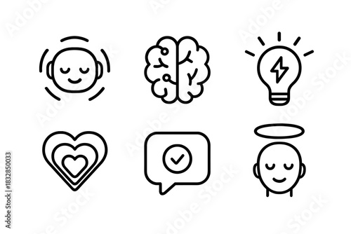 Minimalist icons: mindfulness, brain, lightbulb, heart, speech, halo