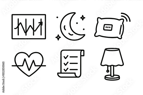 Sleep and health icons: heartbeat, moon, pillow, checklist, lamp