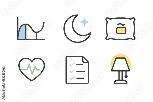 Sleep and relaxation icons depicting moon, lamp, heartbeat, checklist, pillow, graph