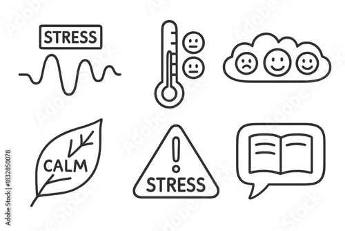 Icons representing stress and calm with symbols of emotions and wellbeing
